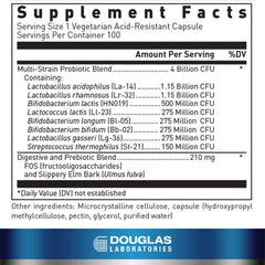 Douglas Laboratories bottle back lists ingredients and CFUs for gut balance.