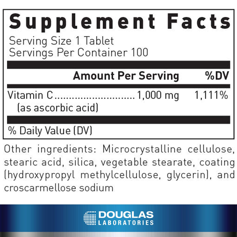 Close-up of Douglas Laboratories Vitamin C tablets for antioxidant support.