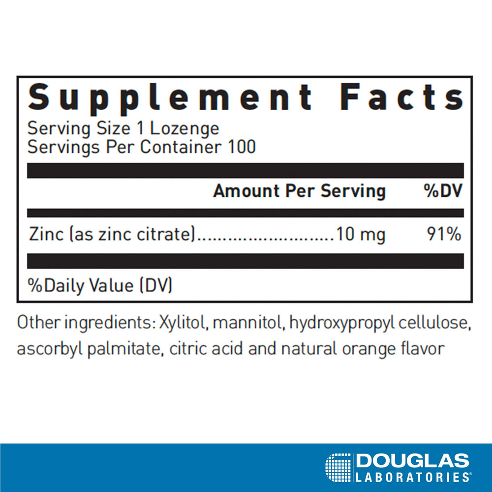 Douglas Laboratories zinc lozenges orange bottle front highlights natural orange flavor.
