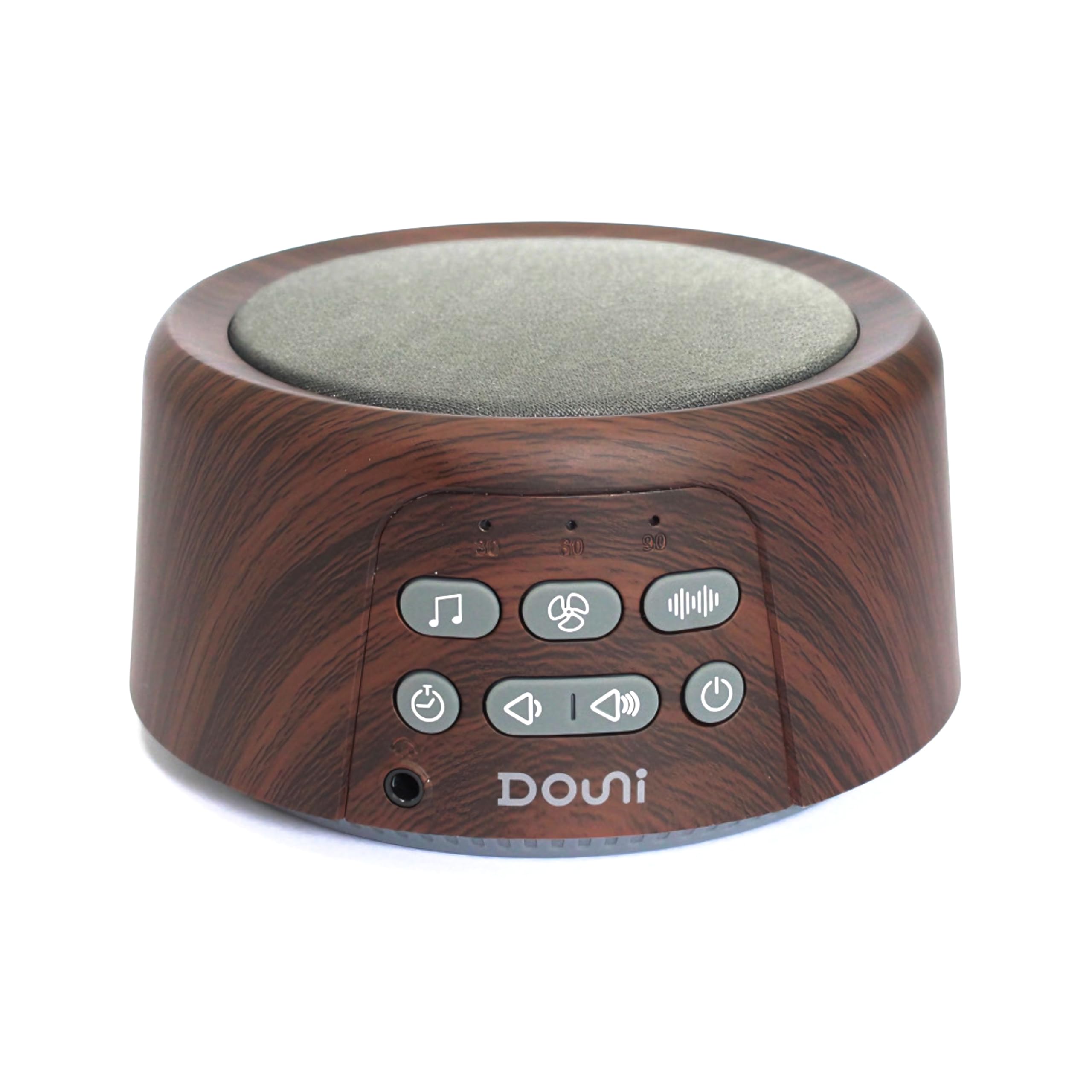 Douni white noise machine with wood grain front for soothing sleep ambience