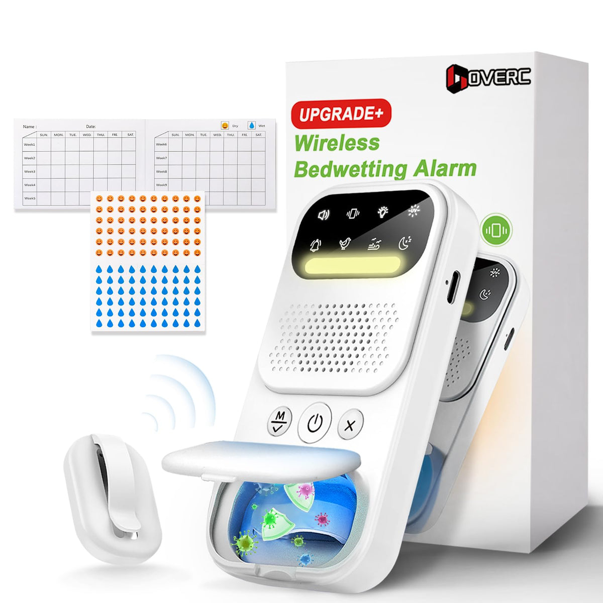 DOVERC bedwetting alarm receiver enables wireless nightly use for unrestricted sleep.
