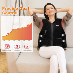 Dowceivm red light therapy vest back view showing adjustable modes and secure power connection.