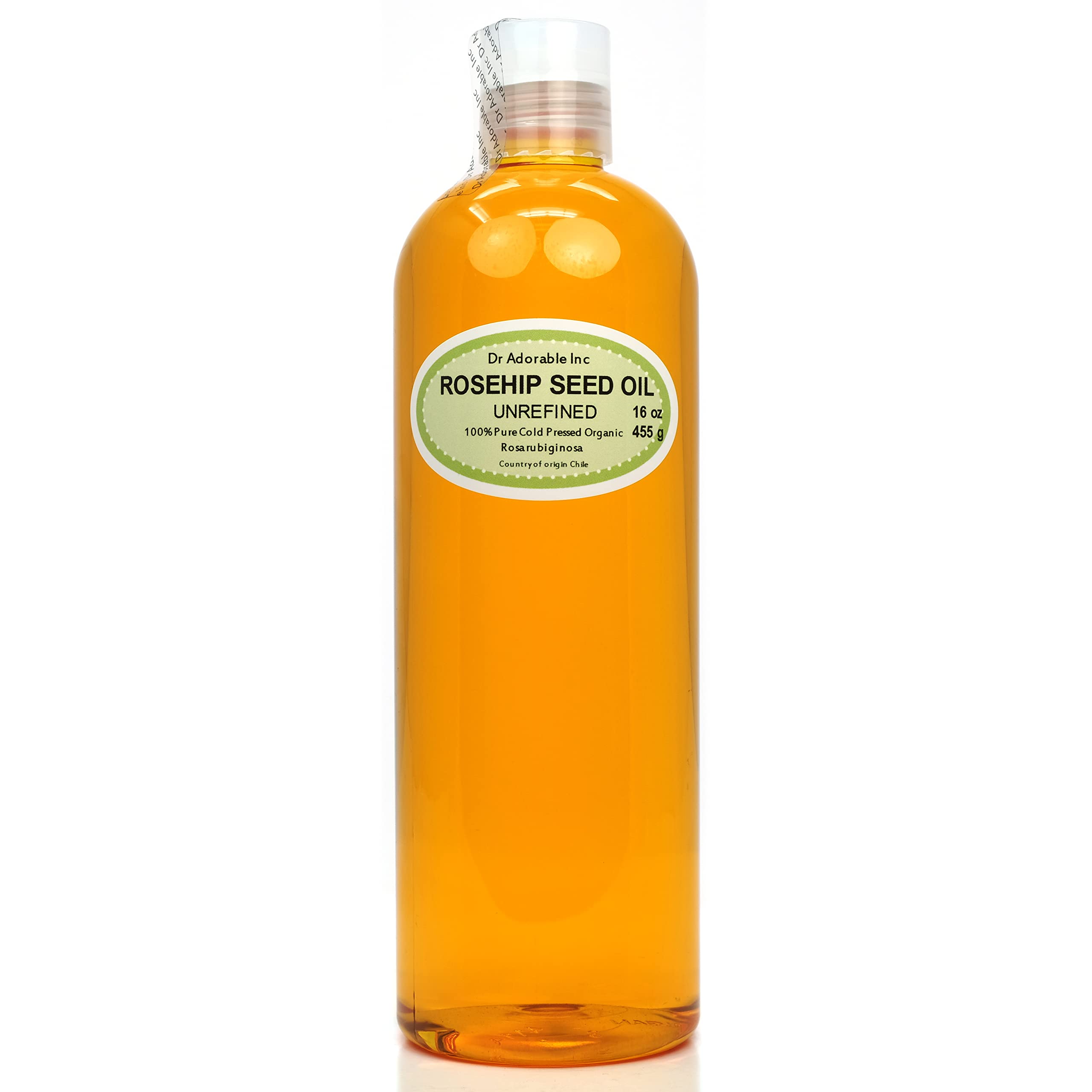 Dr Adorable Rosehip Oil bottle closeup showcasing pure unrefined formula for radiant skin.