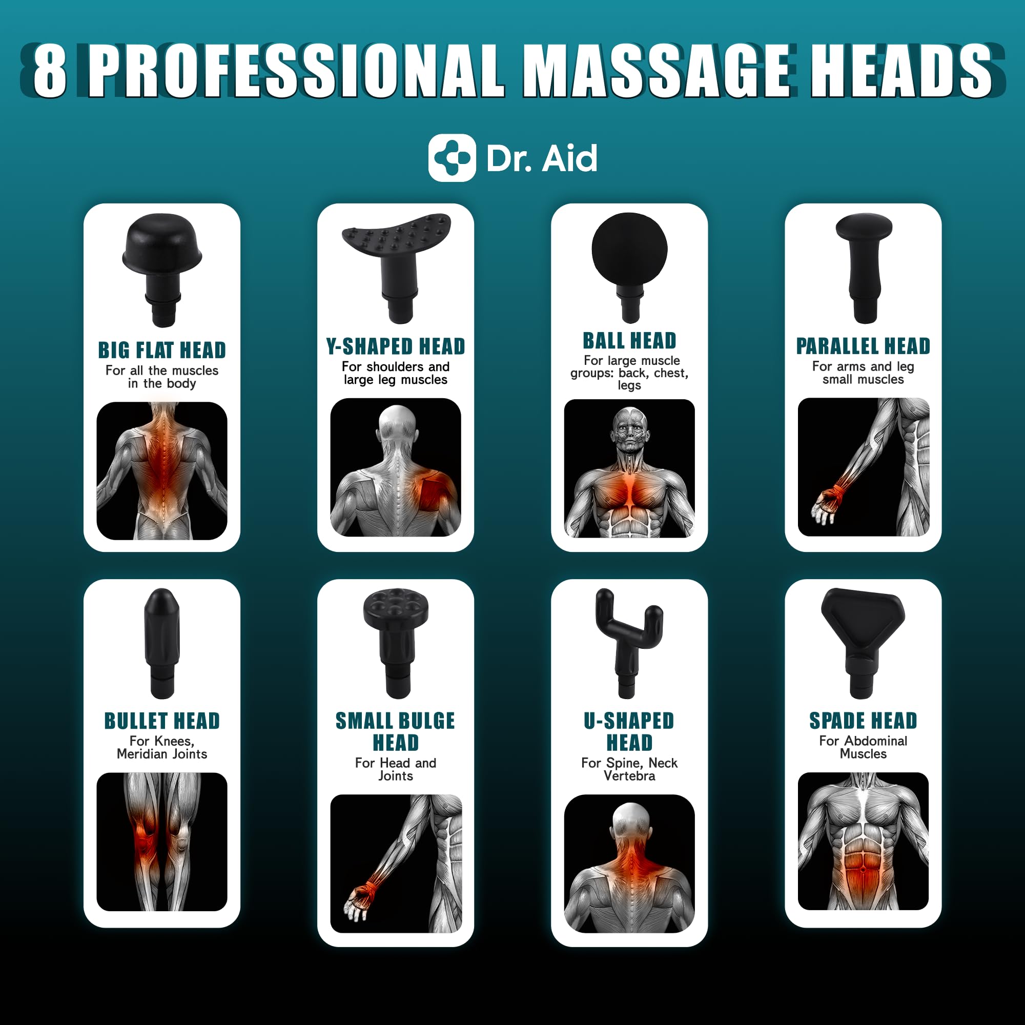 Dr. Aid massage gun with 8 heads for full-body relief