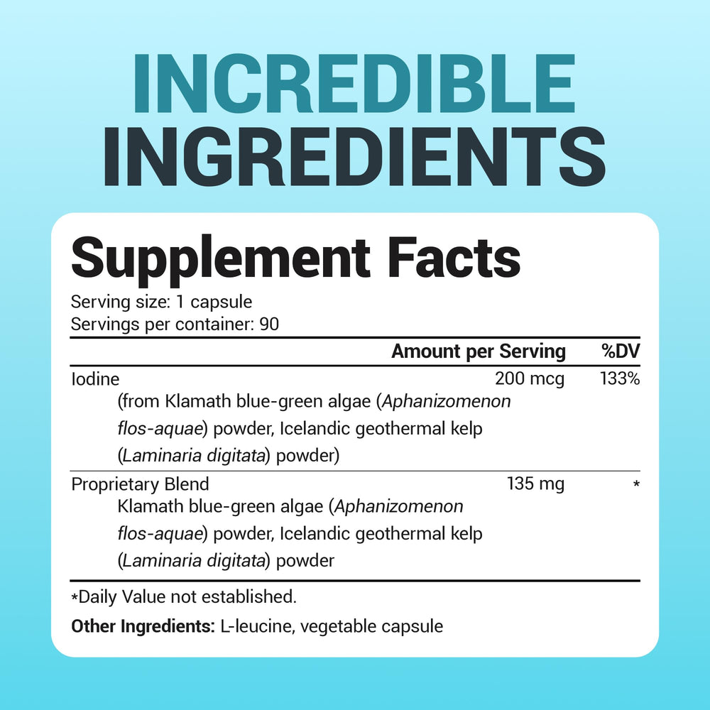 90-capsule Dr. Berg Sea Kelp Enhanced Iodine bottle on a clean countertop.