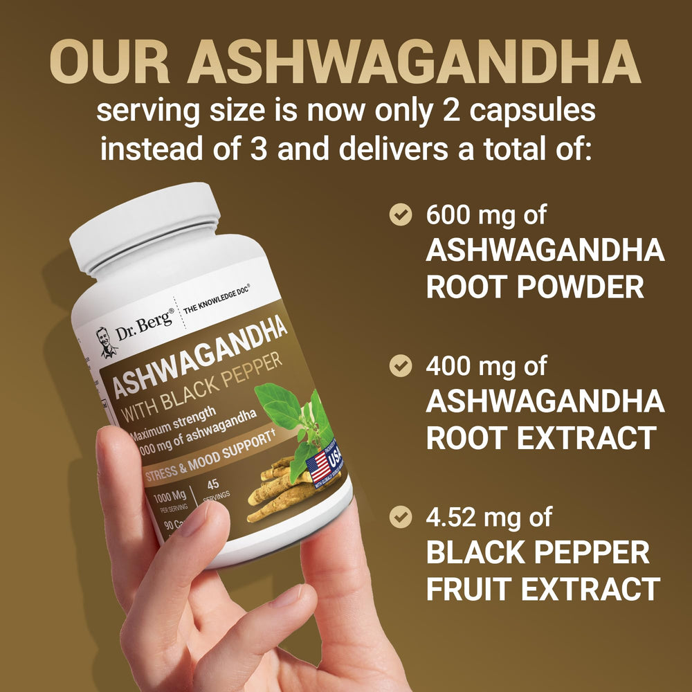 Dr. Berg Ashwagandha capsules bottle being poured for easy daily routine