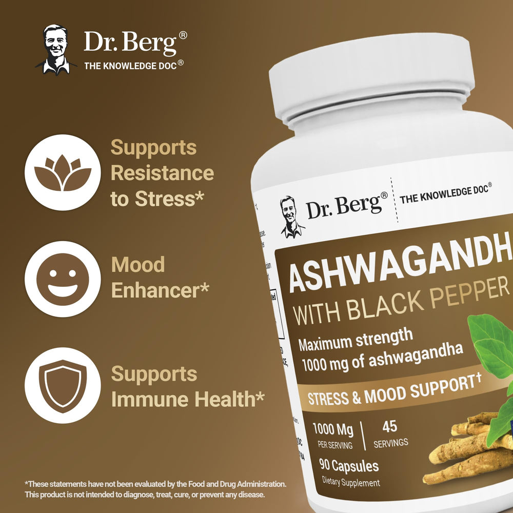 Dr. Berg Ashwagandha capsules root extract packaging showcases balanced ingredient blend for wellness