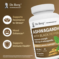 Dr. Berg Ashwagandha capsules root extract packaging showcases balanced ingredient blend for wellness