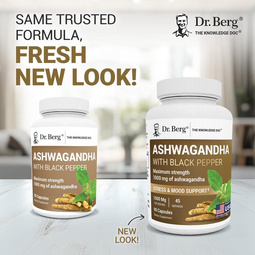 Dr. Berg Ashwagandha capsules root powder image shows concentrated formula for daily wellness