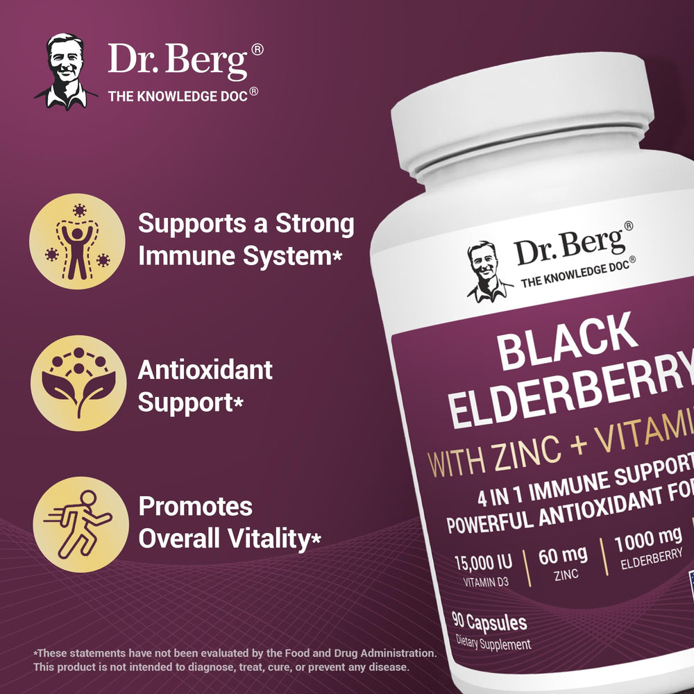 Dr. Berg Black Elderberry bottle front view on clean surface.