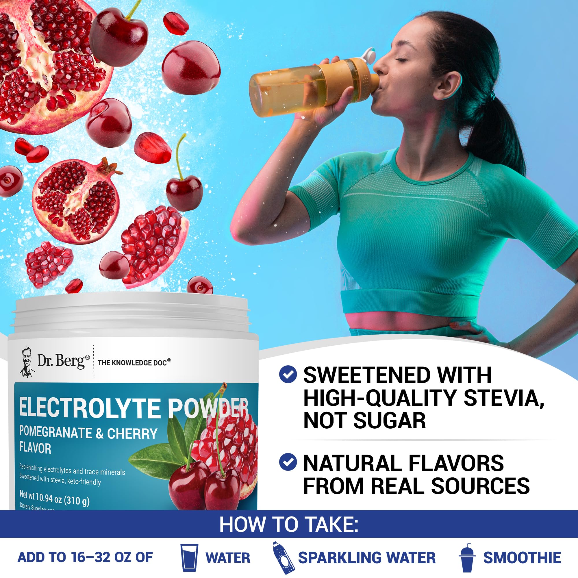 Pouring Dr. Berg hydration powder into water for refreshing energy.