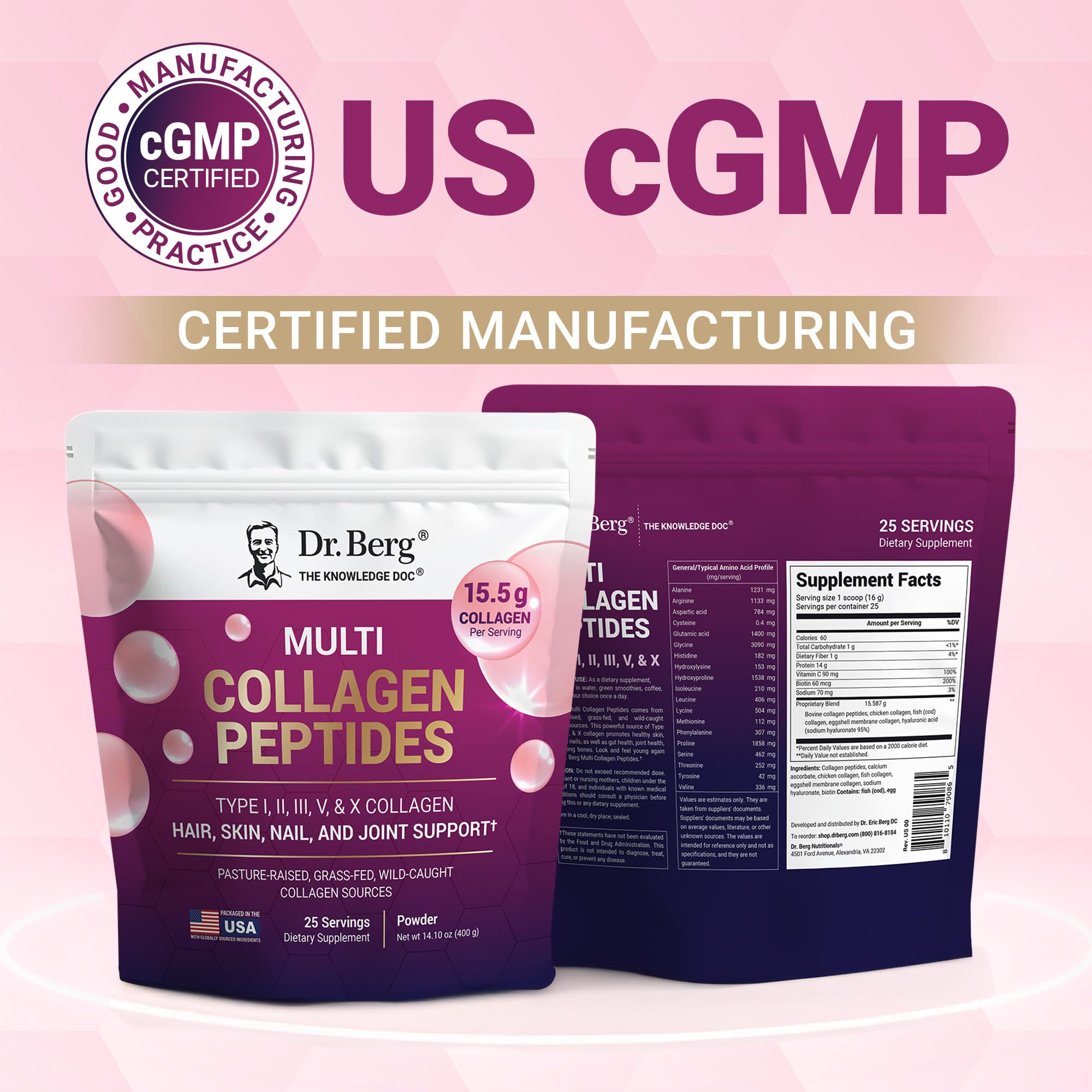 Vitamin C and biotin details on Dr. Berg collagen label indicating hair and nail support.