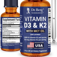 Dr. Berg D3 K2 liquid drops bottle shows high-potency bone and immune support
