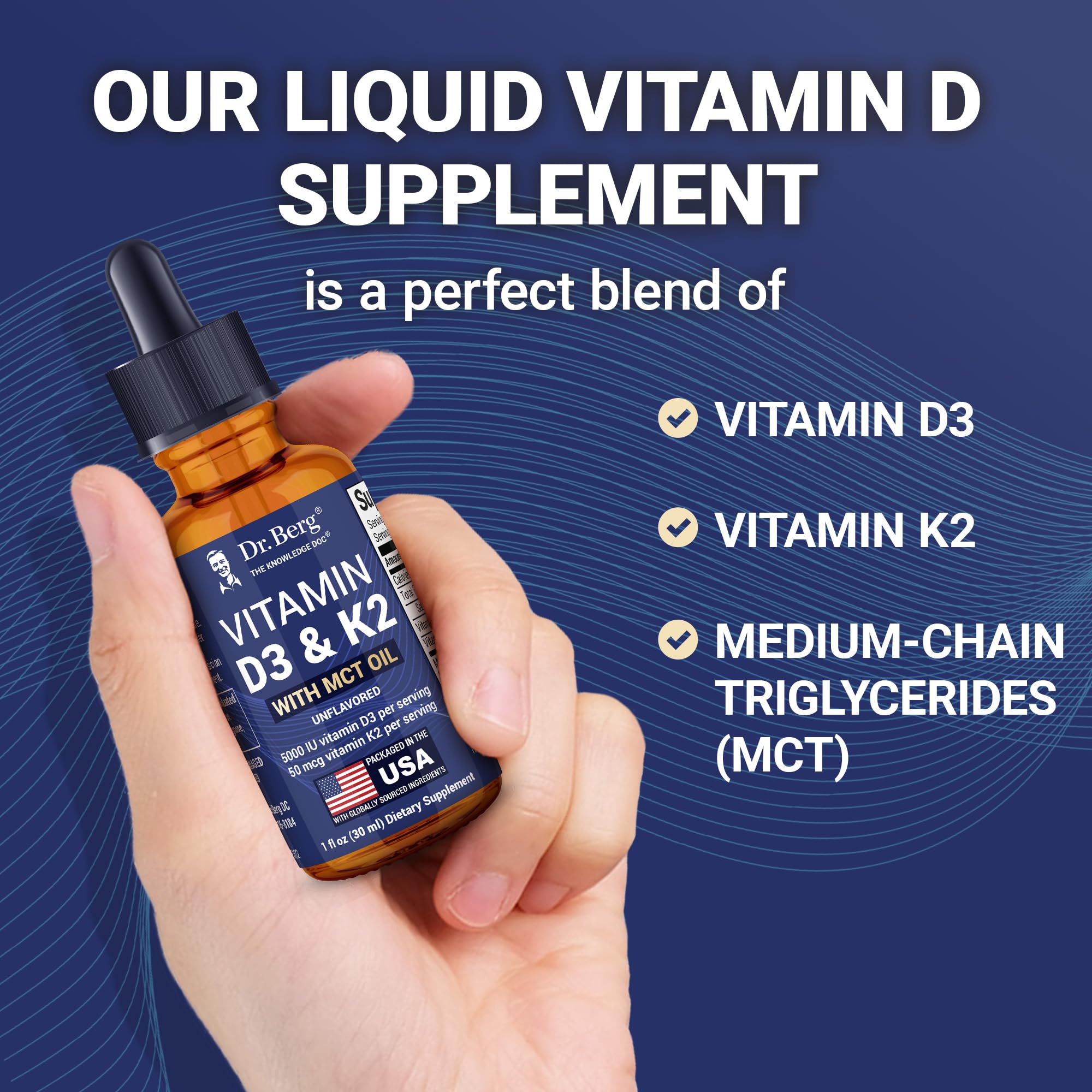 Dr. Berg D3 K2 liquid drops label shows non-GMO and gluten-free features