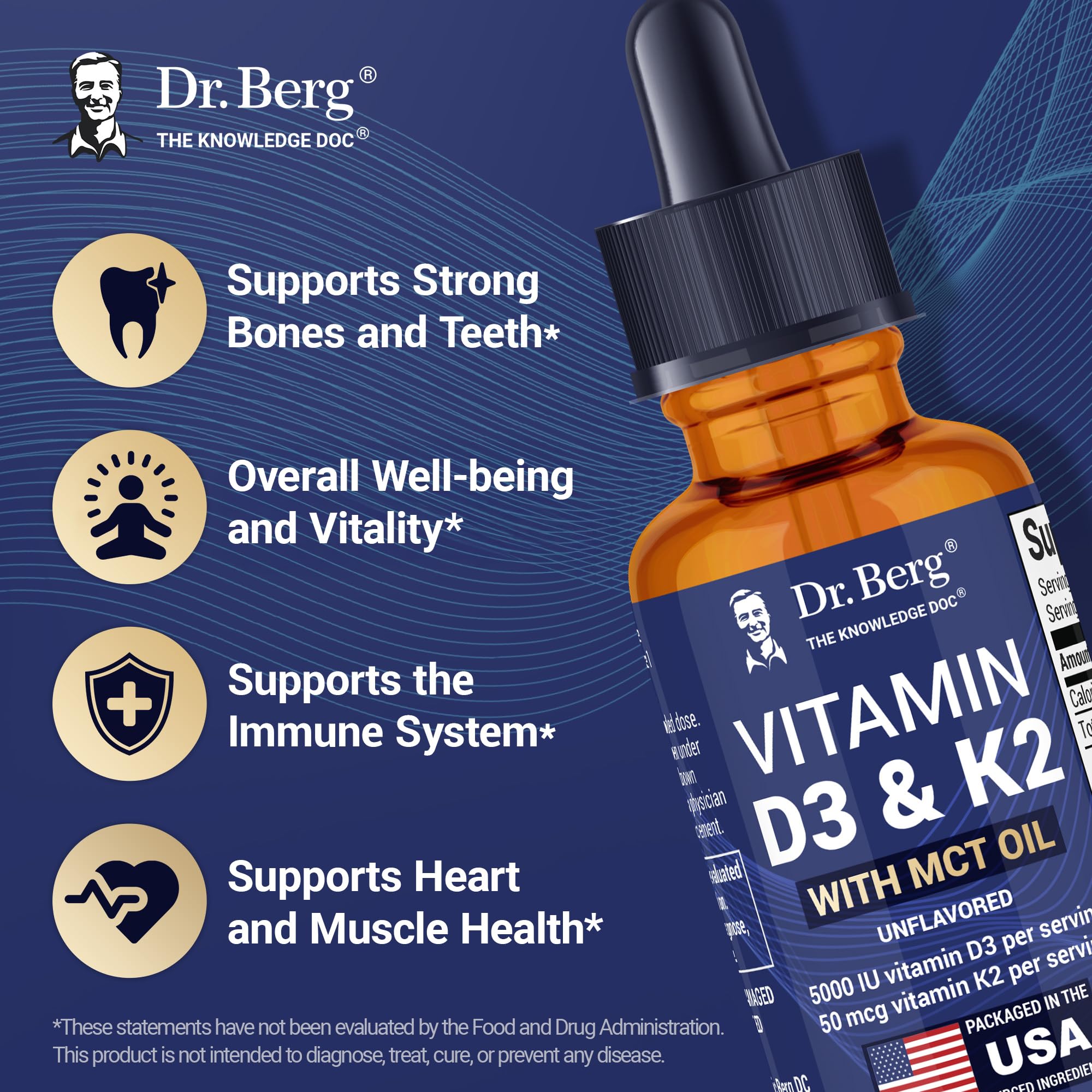 Dr. Berg D3 K2 liquid drops MCT oil label emphasizes enhanced absorption