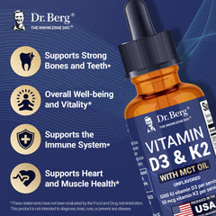 Dr. Berg D3 K2 liquid drops MCT oil label emphasizes enhanced absorption
