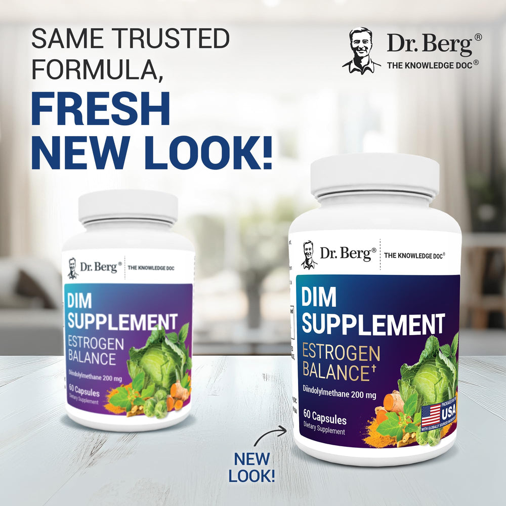 Dr. Berg DIM supplement bottle label closeup highlights ingredients for informed use