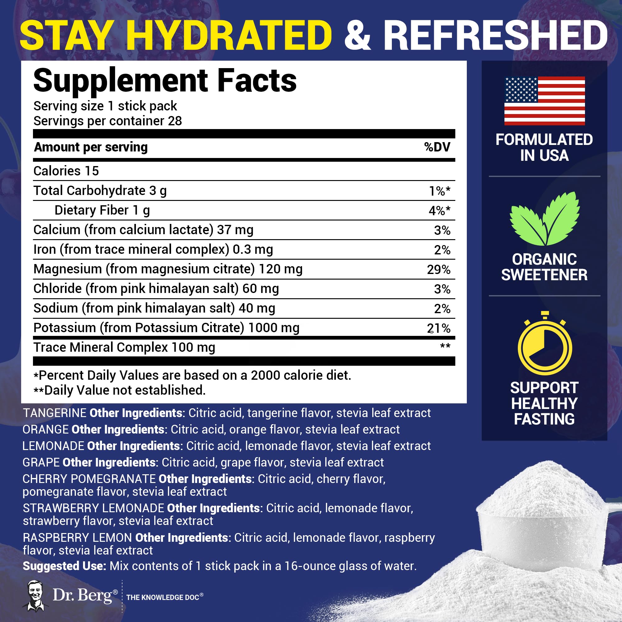 Dr. Berg electrolyte powder packets dissolving in water for quick, clear hydration.