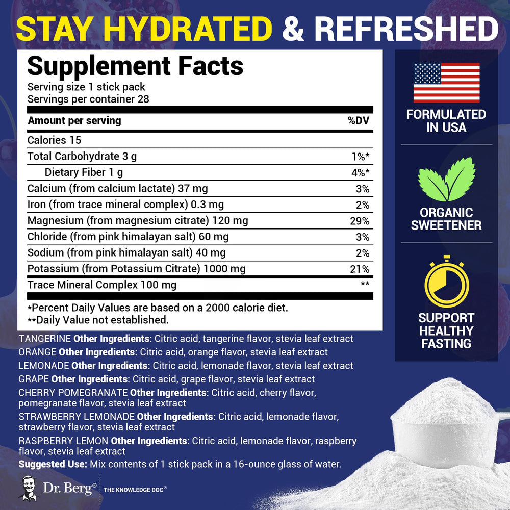 Dr. Berg electrolyte powder packets dissolving in water for quick, clear hydration.