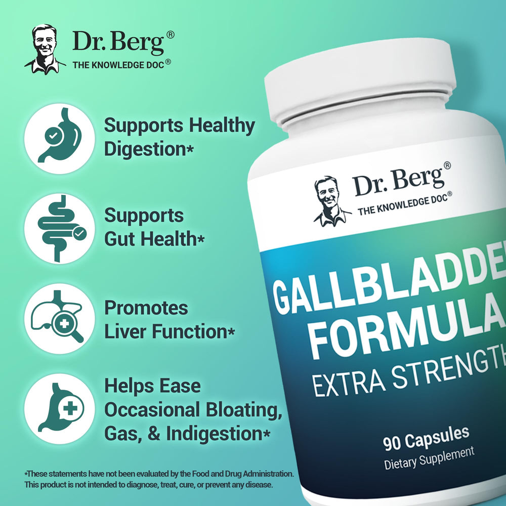 Dr. Berg Gallbladder Formula digestive enzymes blend in bottle illustrating meal breakdown