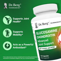 Dr. Berg Glucosamine Chondroitin MSM Turmeric Boswellia capsules closeup for daily joint comfort.