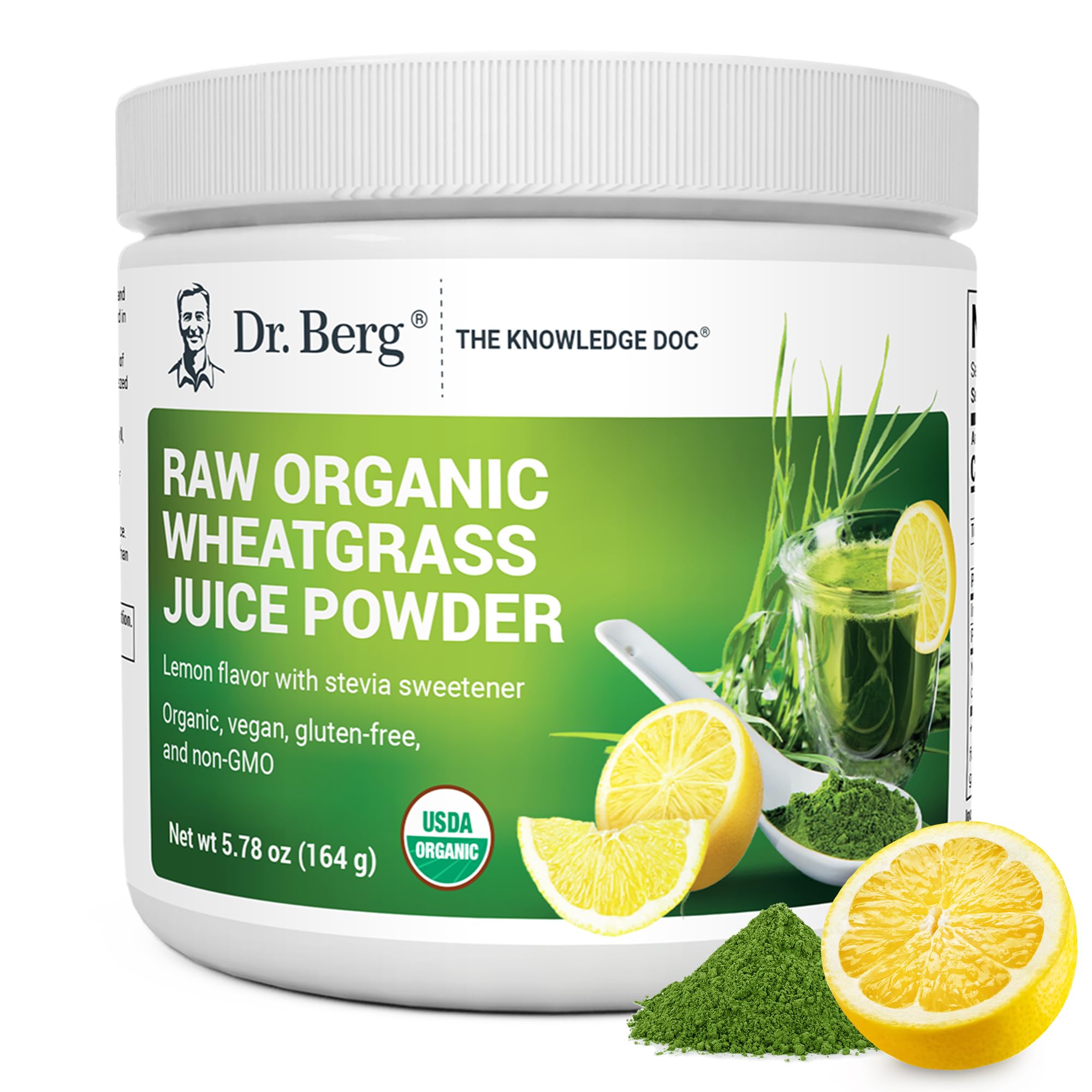 Dr. Berg Green Powder lemon bottle shows daily greens boost.