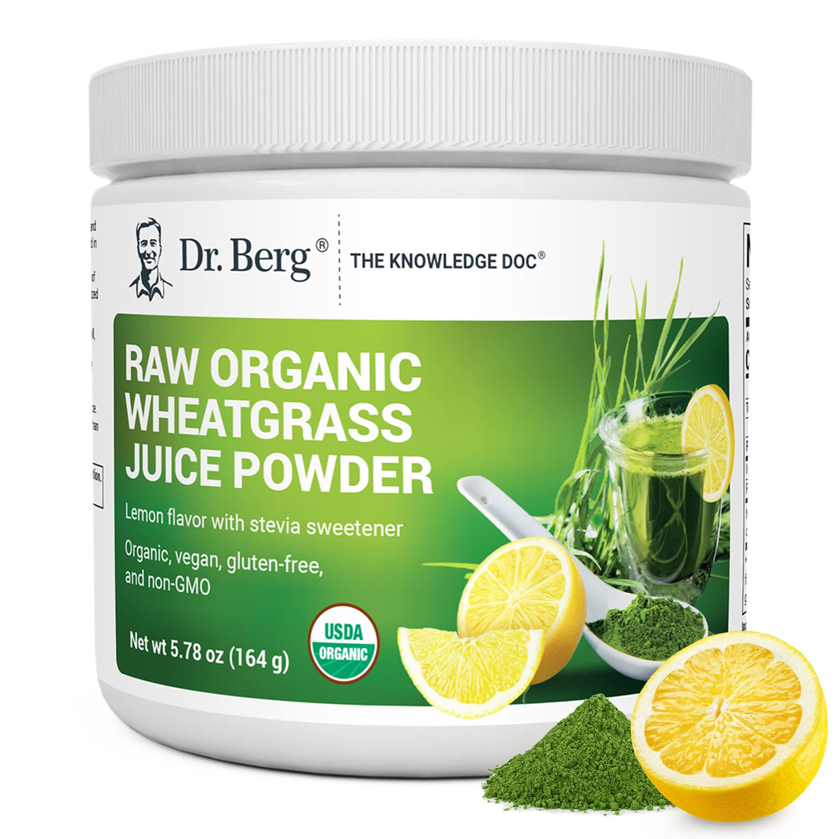 Dr. Berg Green Powder lemon bottle shows daily greens boost.