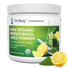 Dr. Berg Green Powder lemon bottle shows daily greens boost.
