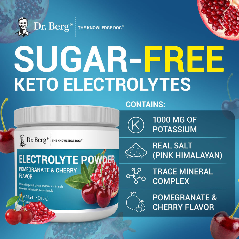 Dr. Berg hydration flavor label shows pomegranate and cherry profile.