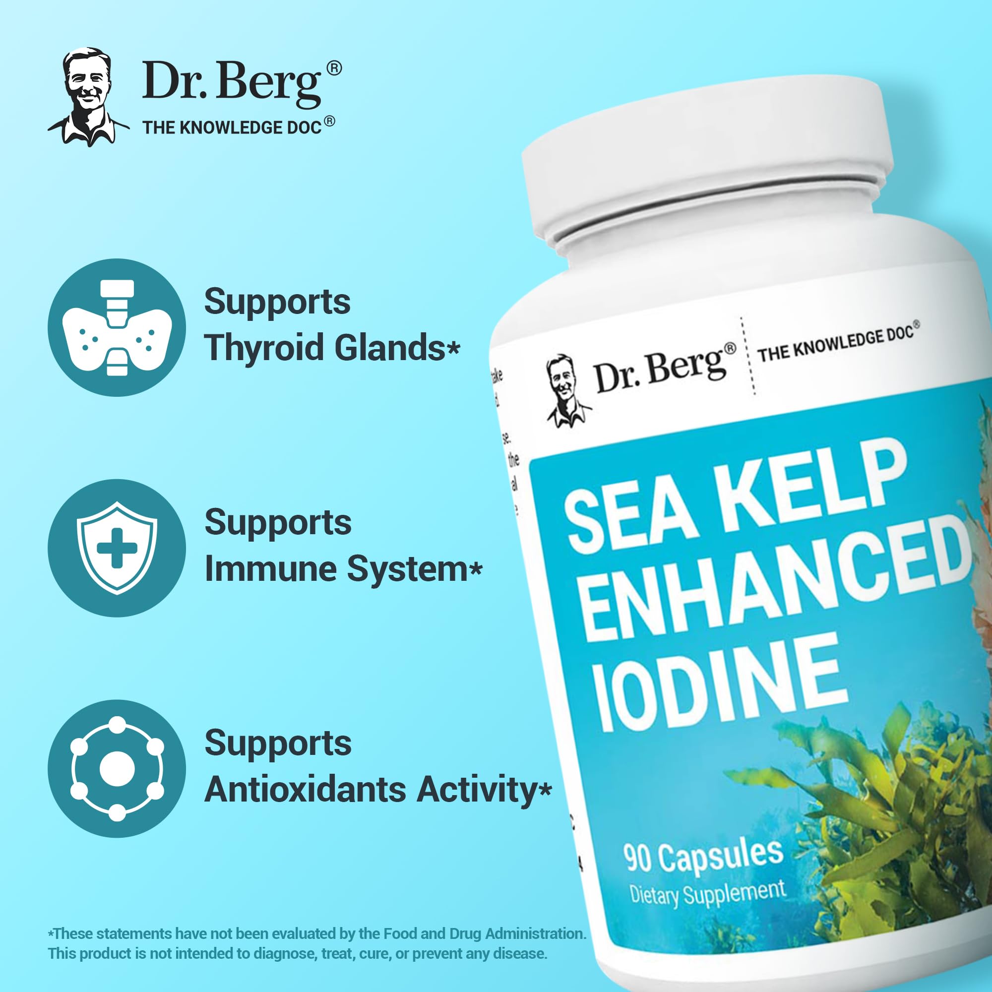 Label on Dr. Berg Sea Kelp Enhanced Iodine bottle highlighting Icelandic seaweed blend for daily use.