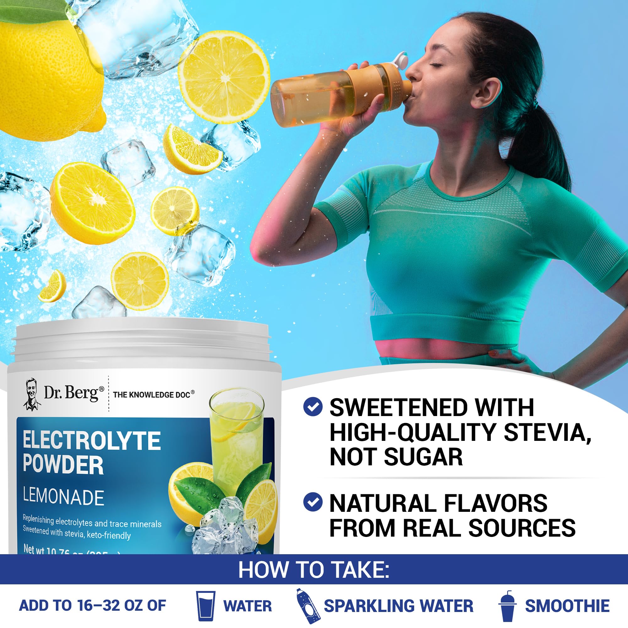 Dr. Berg Lemonade label showing 50 servings per tub.