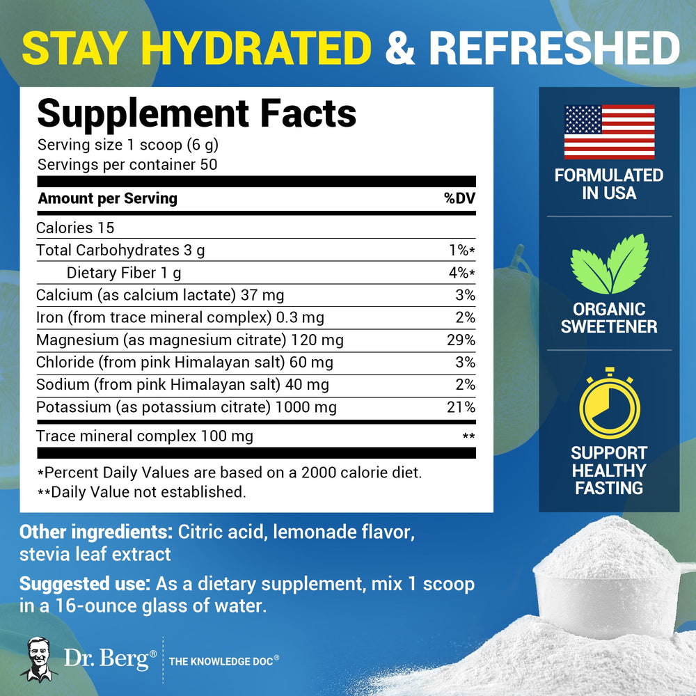 Dr. Berg Lemonade powder dissolving in water for refreshing sip.
