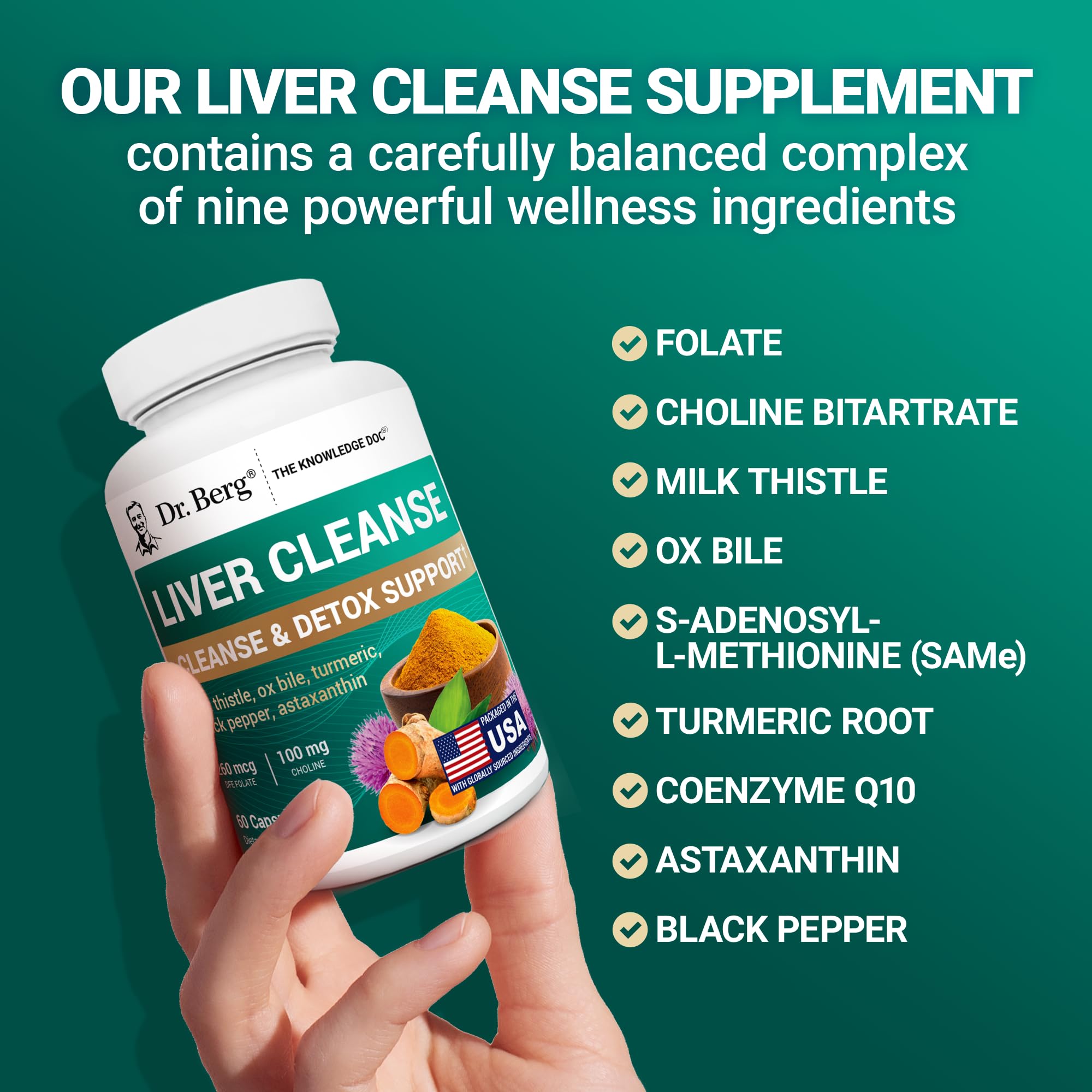 Dr. Berg Liver Cleanse bottle label detail showing dosage and ingredients
