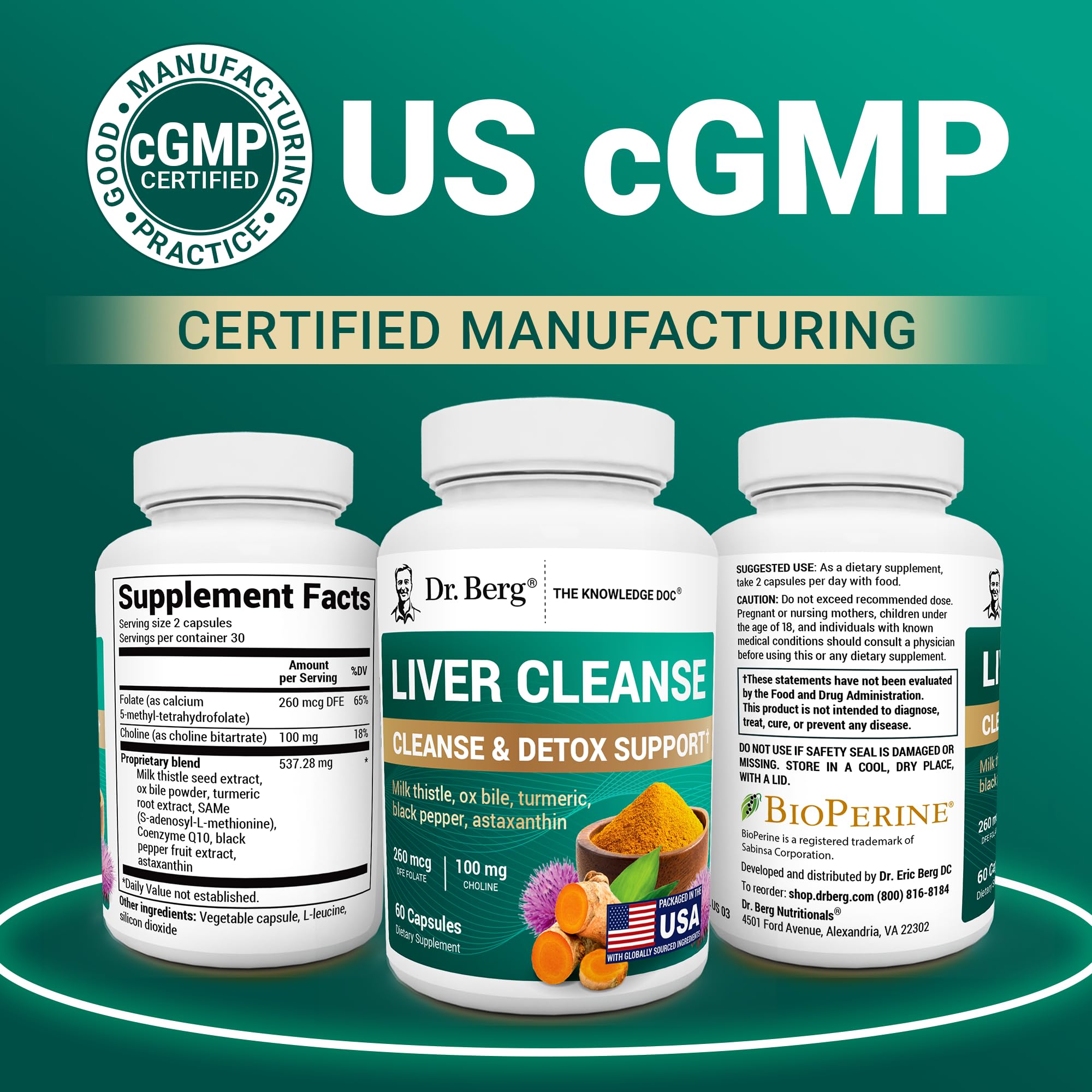 Dr. Berg Liver Cleanse product with US GMP facility backdrop emphasizing quality