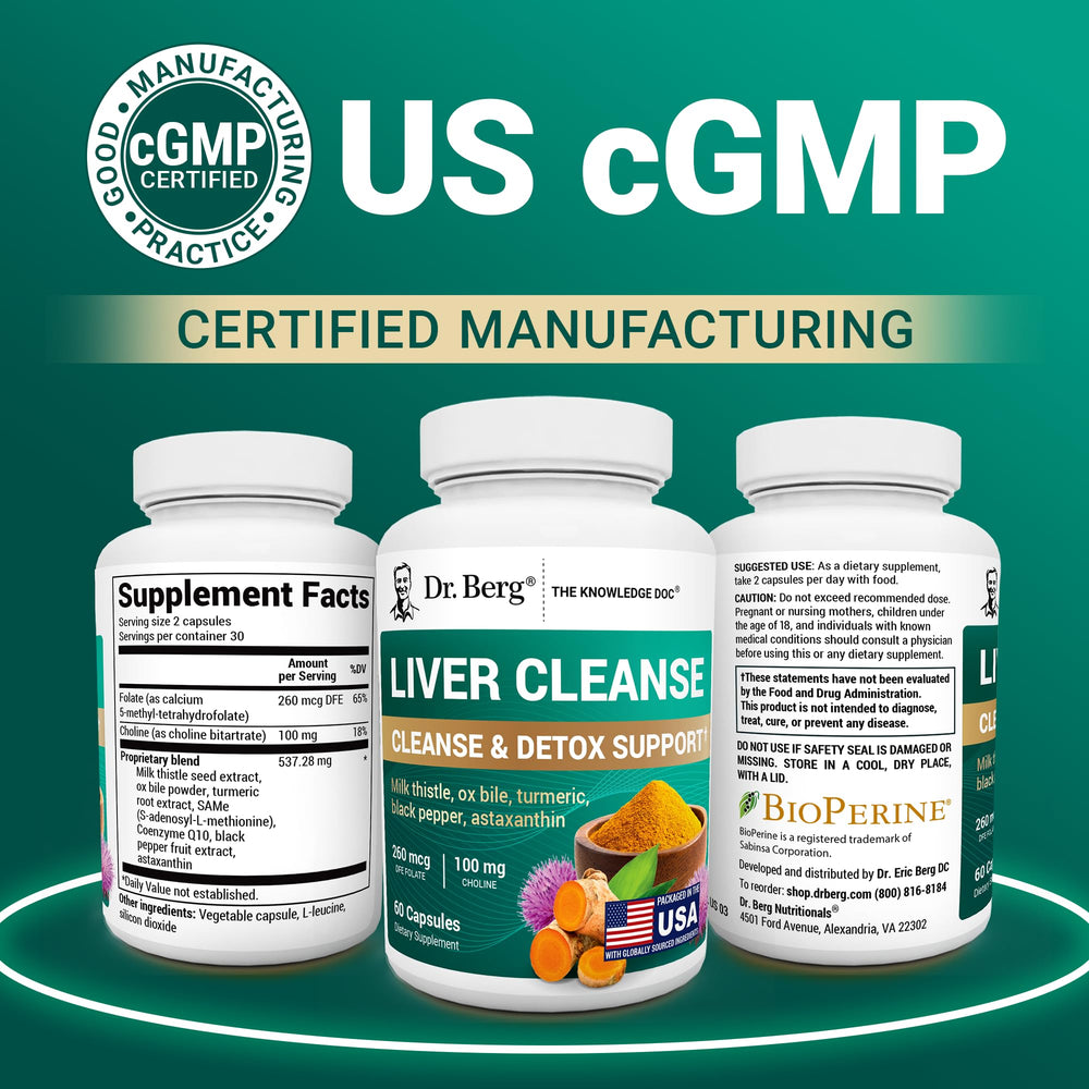 Dr. Berg Liver Cleanse product with US GMP facility backdrop emphasizing quality