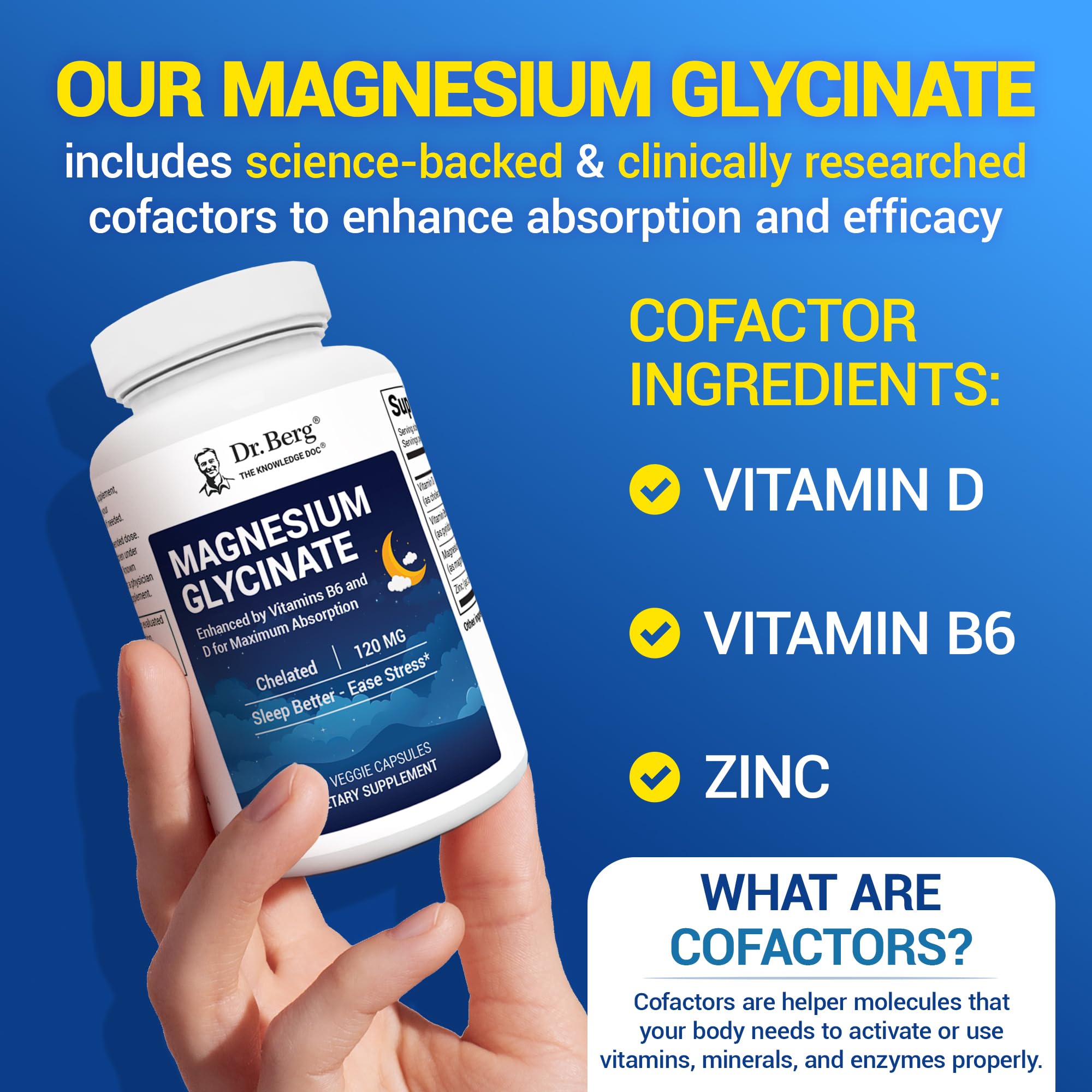 Close-up of Dr. Berg magnesium glycinate capsules highlighting high absorption.