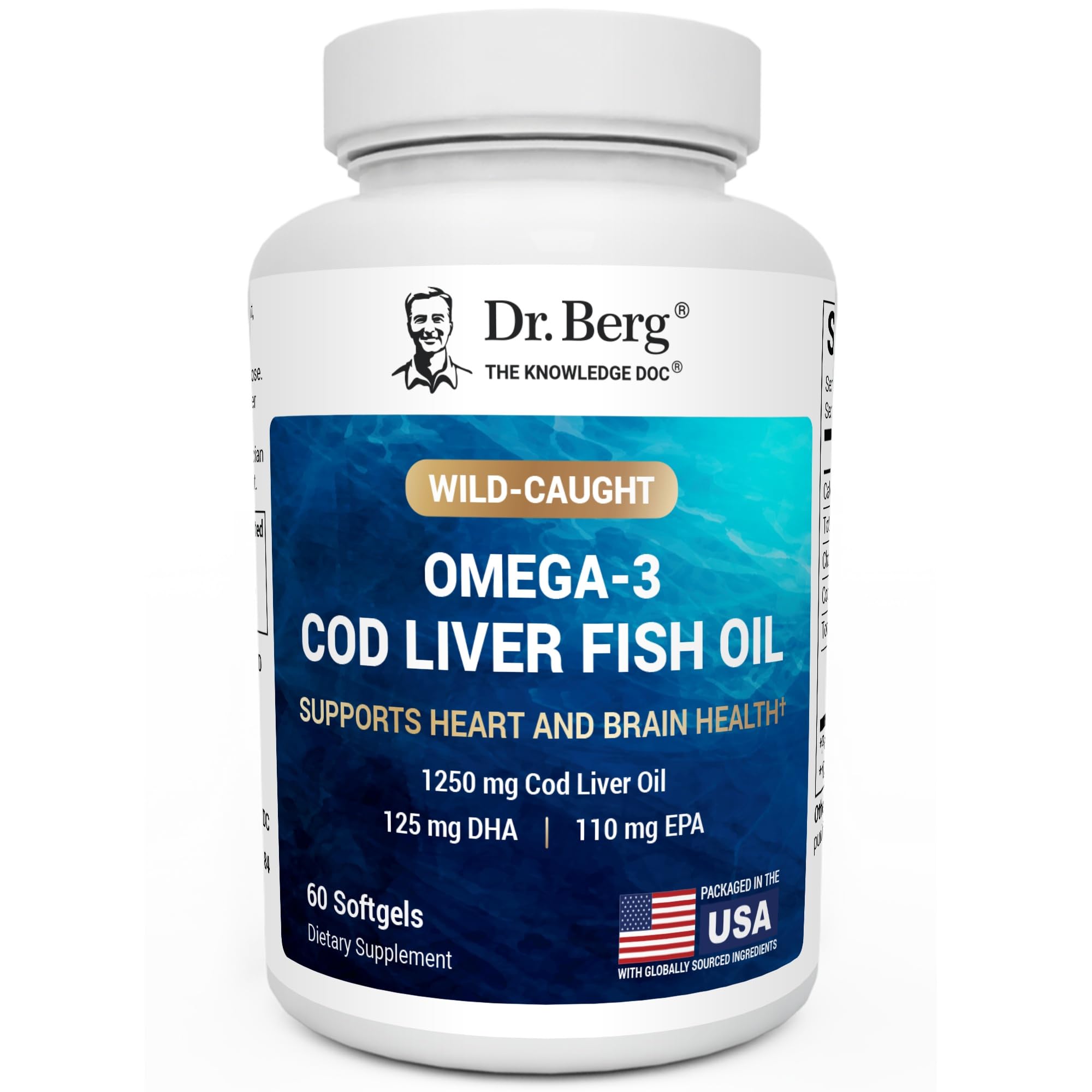 Dr. Berg Maximum-Strength Omega-3 cod liver softgels with lemon flavor for daily support.