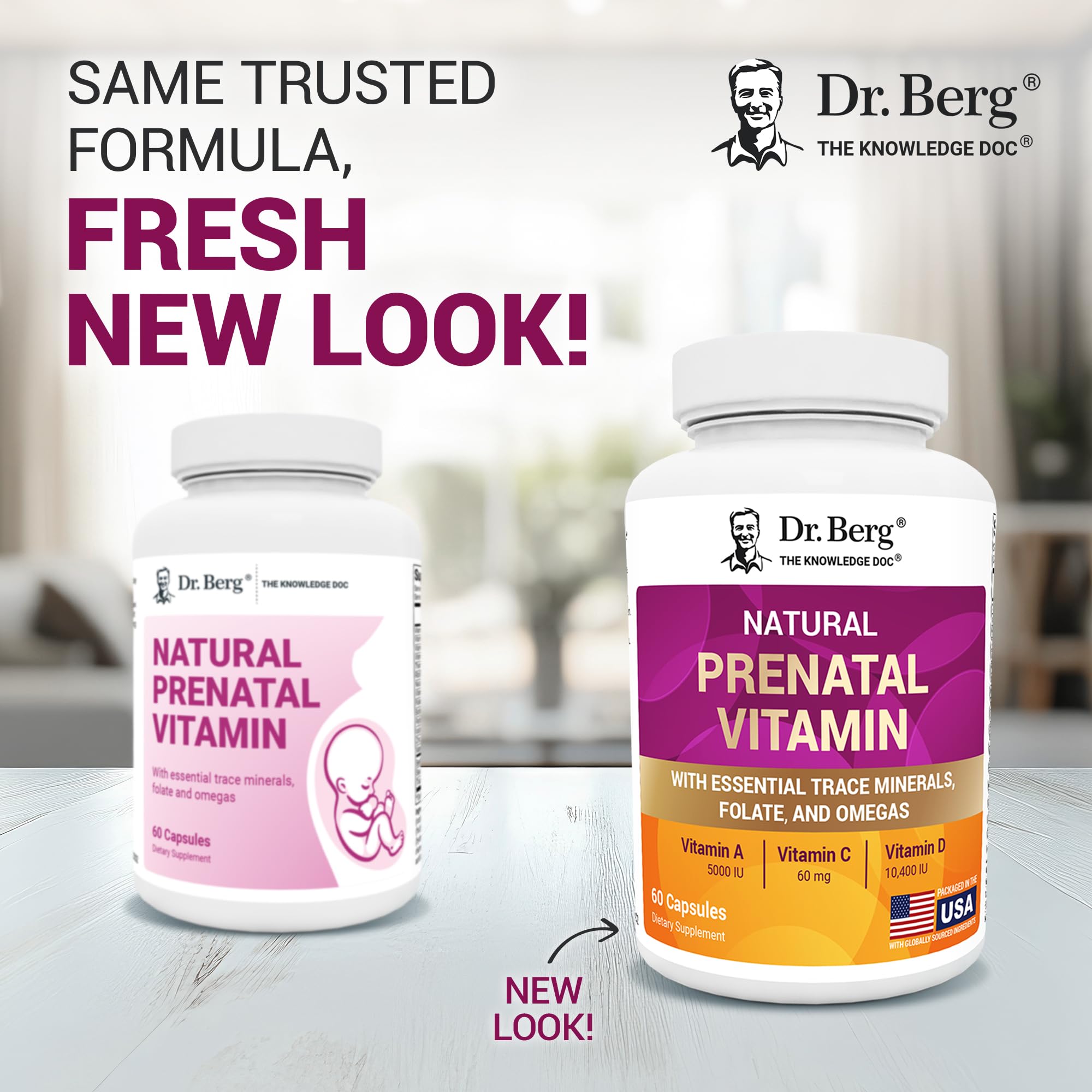 Dr. Berg Prenatal bottle back label highlighting folate and omega rich ingredients for mom and baby