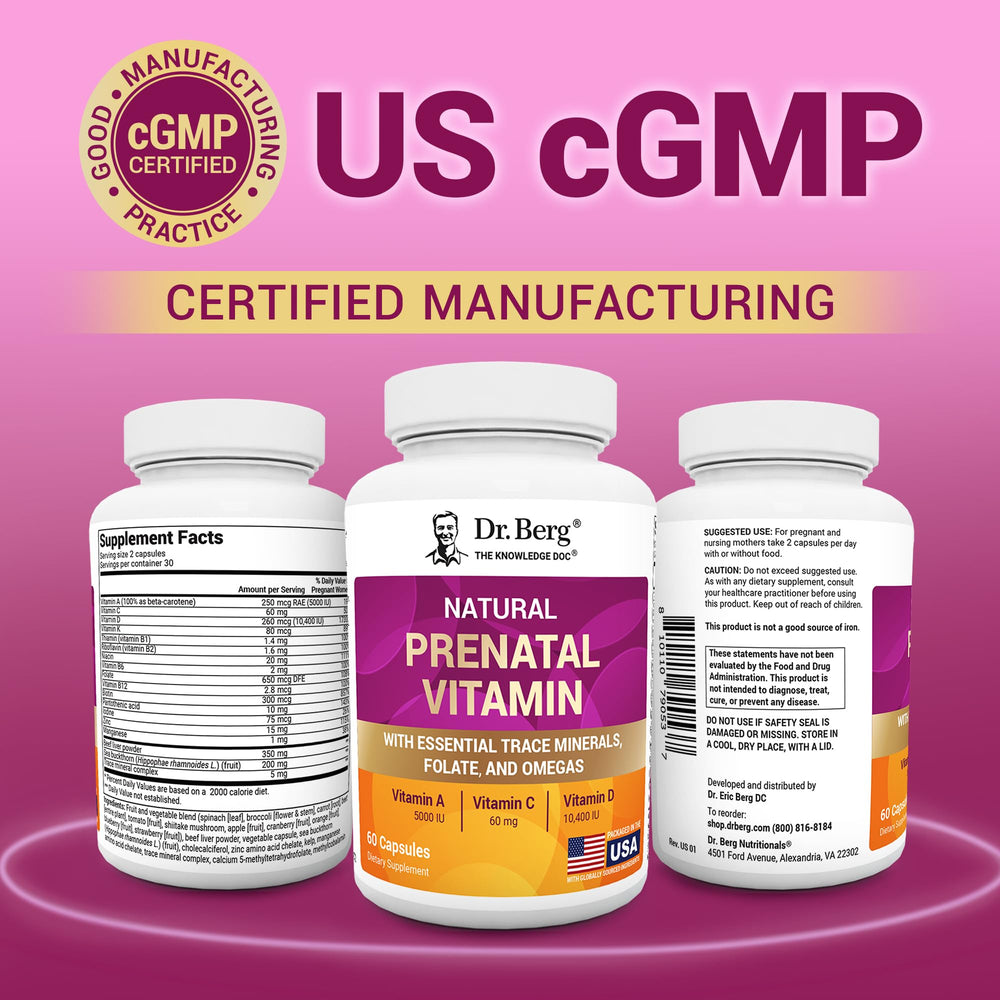 Dr. Berg natural prenatal vitamins arranged on kitchen counter in a healthy setting