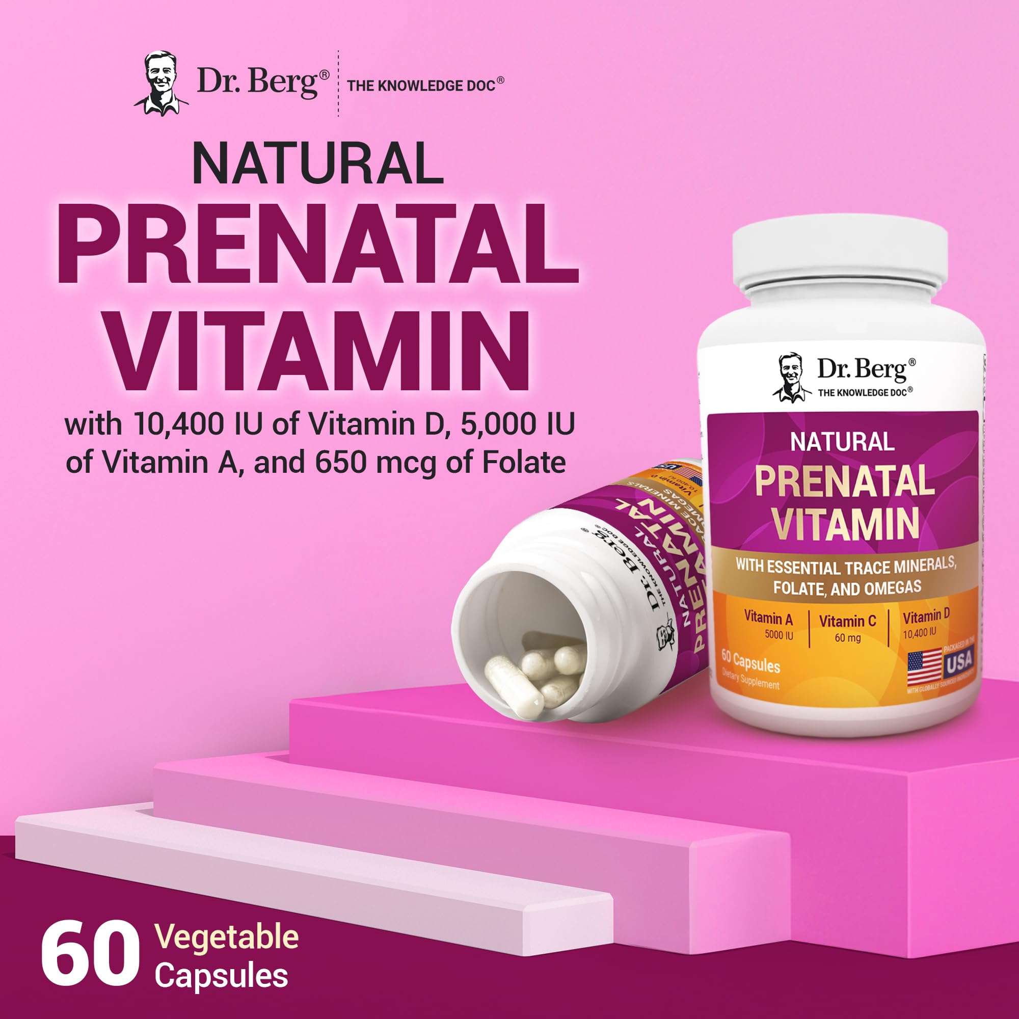 Dr. Berg prenatal bottle with two capsules ready to take