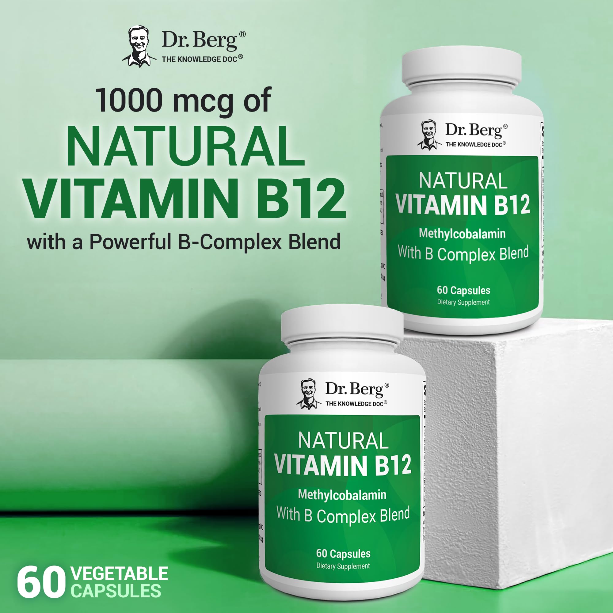 Close-up of Dr. Berg B12 capsules emphasizes vegetable capsule form