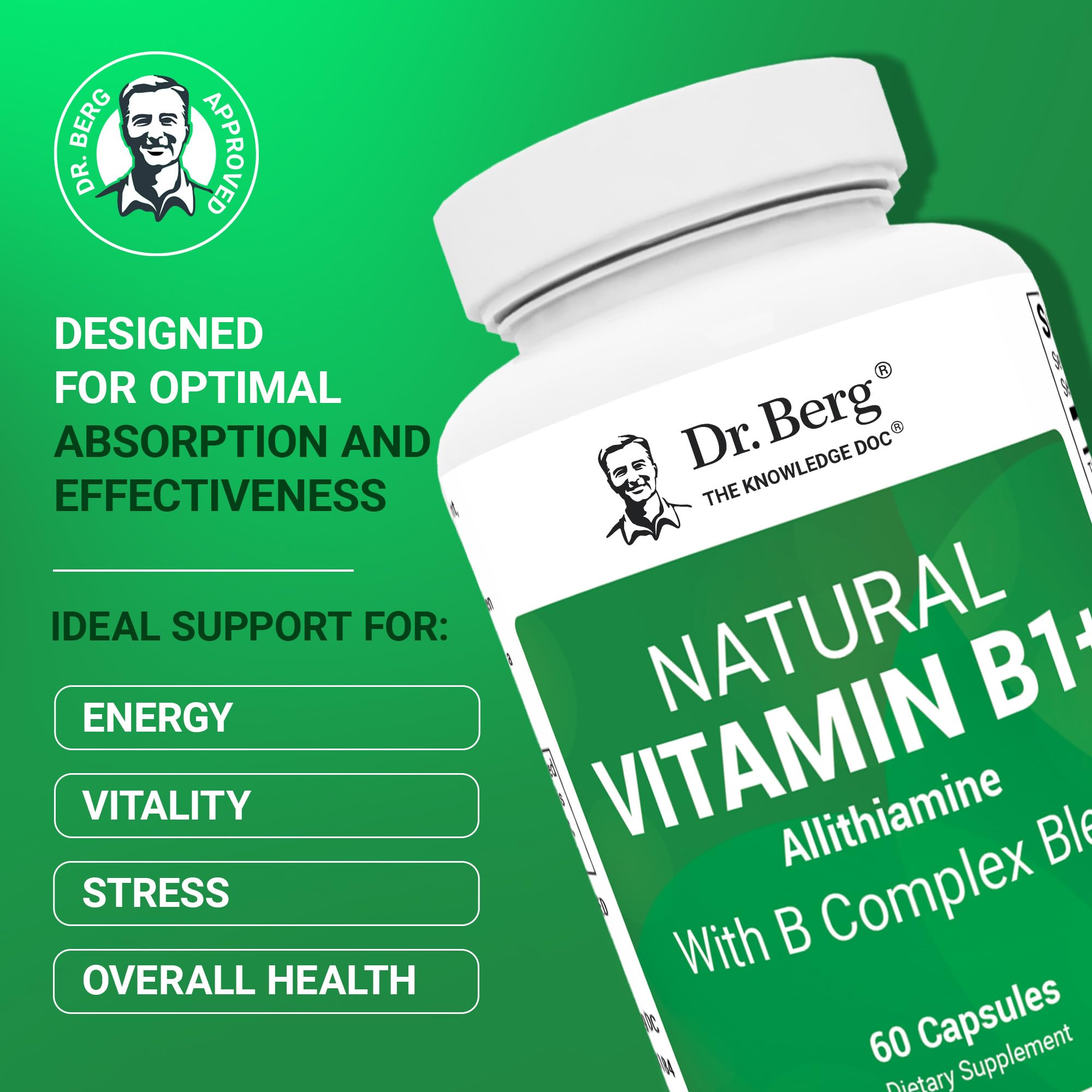 Dr. Berg Nutritionals capsules closeup showing allithiamine and B-complex ingredients.