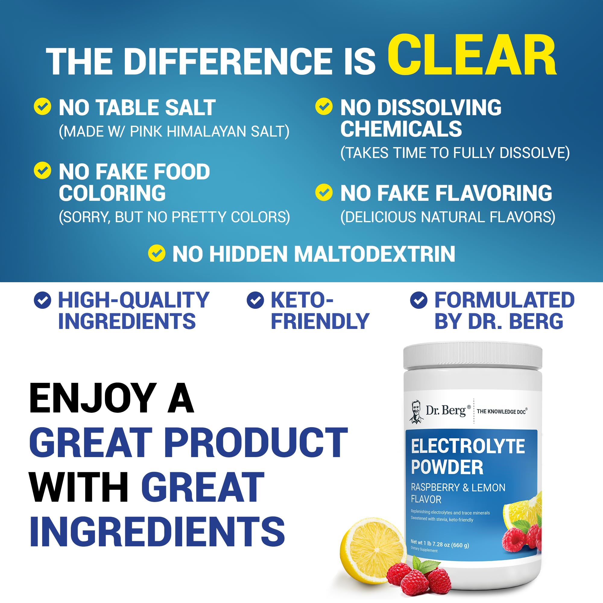 Dr. Berg Pink Himalayan Salt crystals highlight premium electrolyte source.