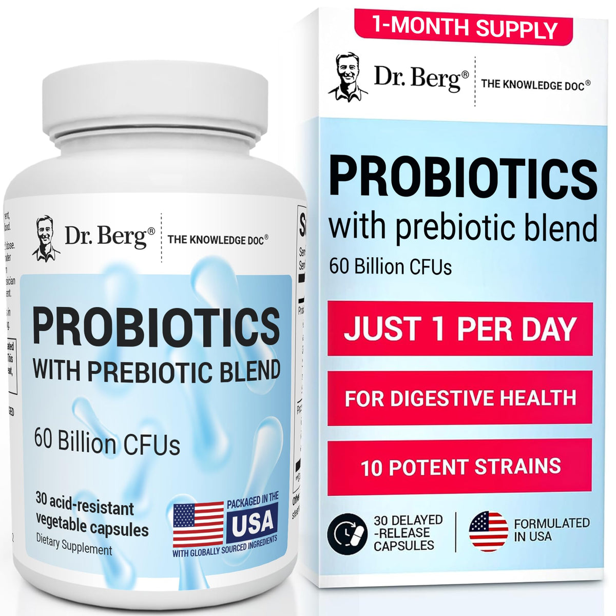 Dr. Berg Probiotic Supplement bottle front with capsules, supports daily gut health.