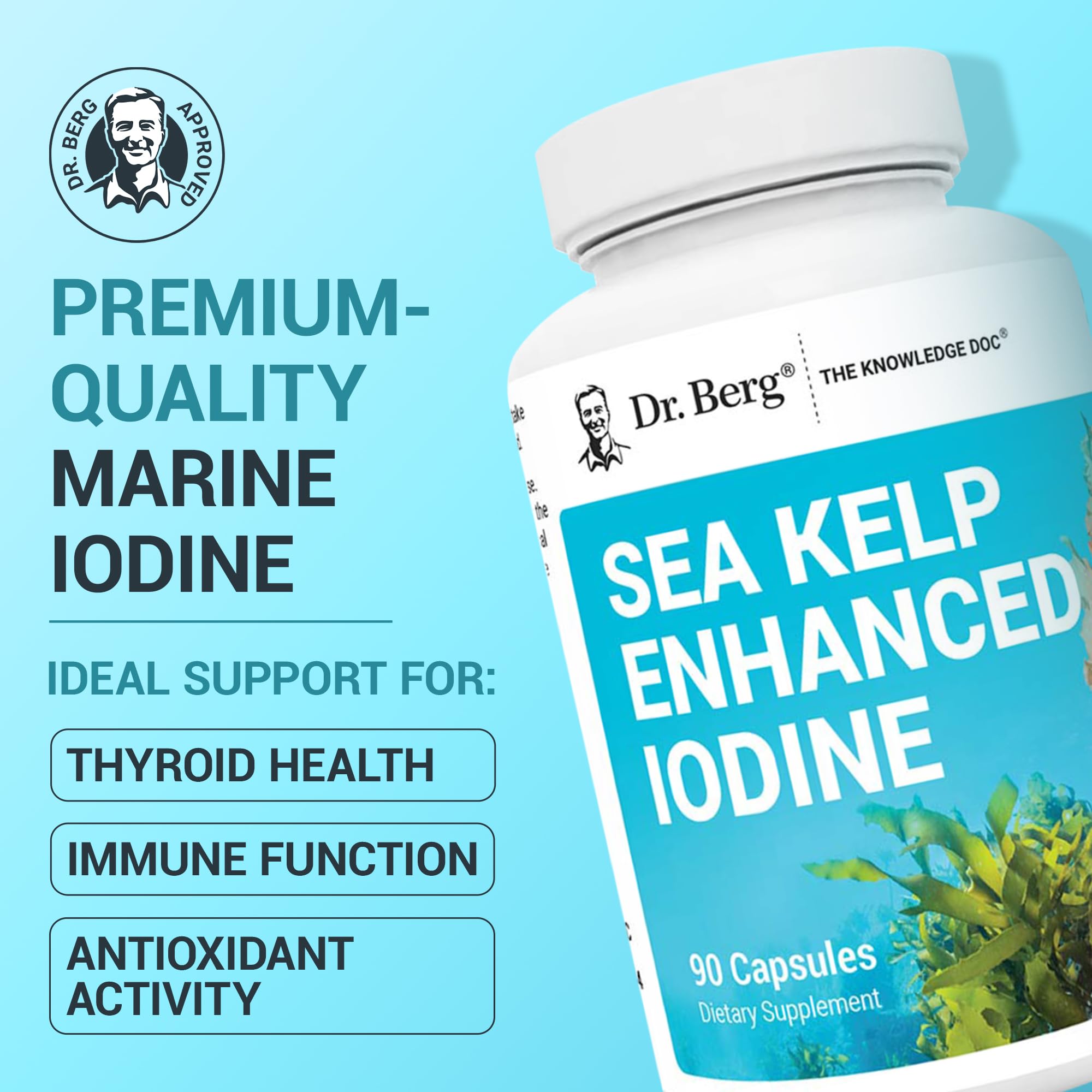 Dr. Berg Sea Kelp Iodine capsules close-up for daily iodine support and quality ingredients.
