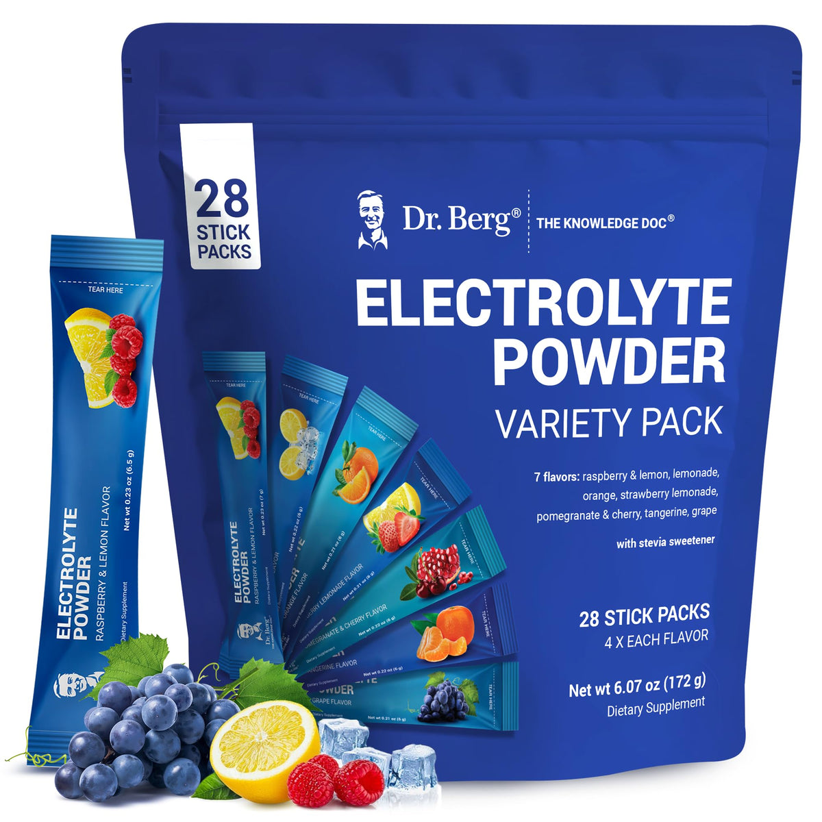 Dr. Berg sugar-free electrolyte packets variety pack on display for on-the-go hydration.