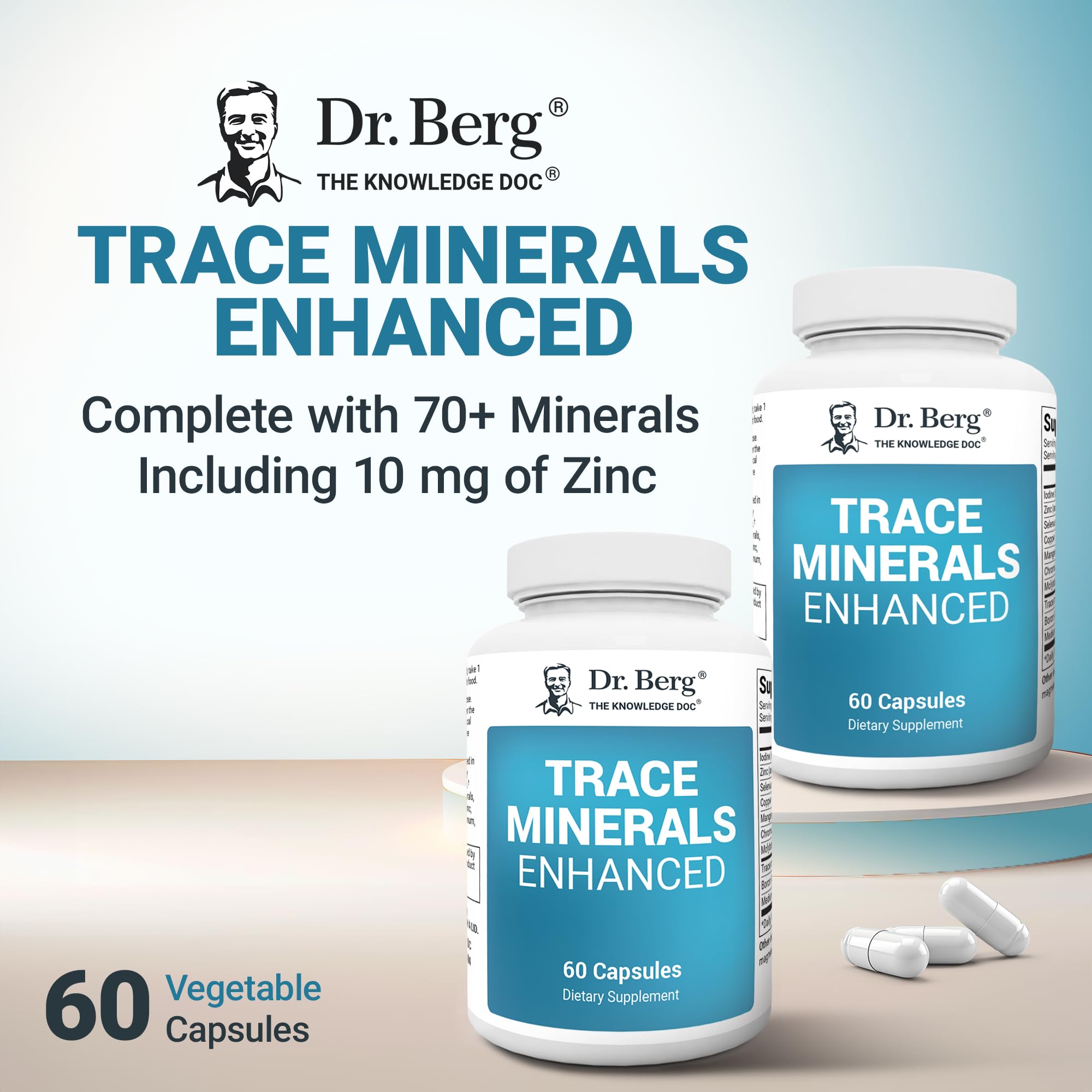 Dr. Berg Trace Minerals capsules on a bottle layout emphasize convenient daily supplementation.