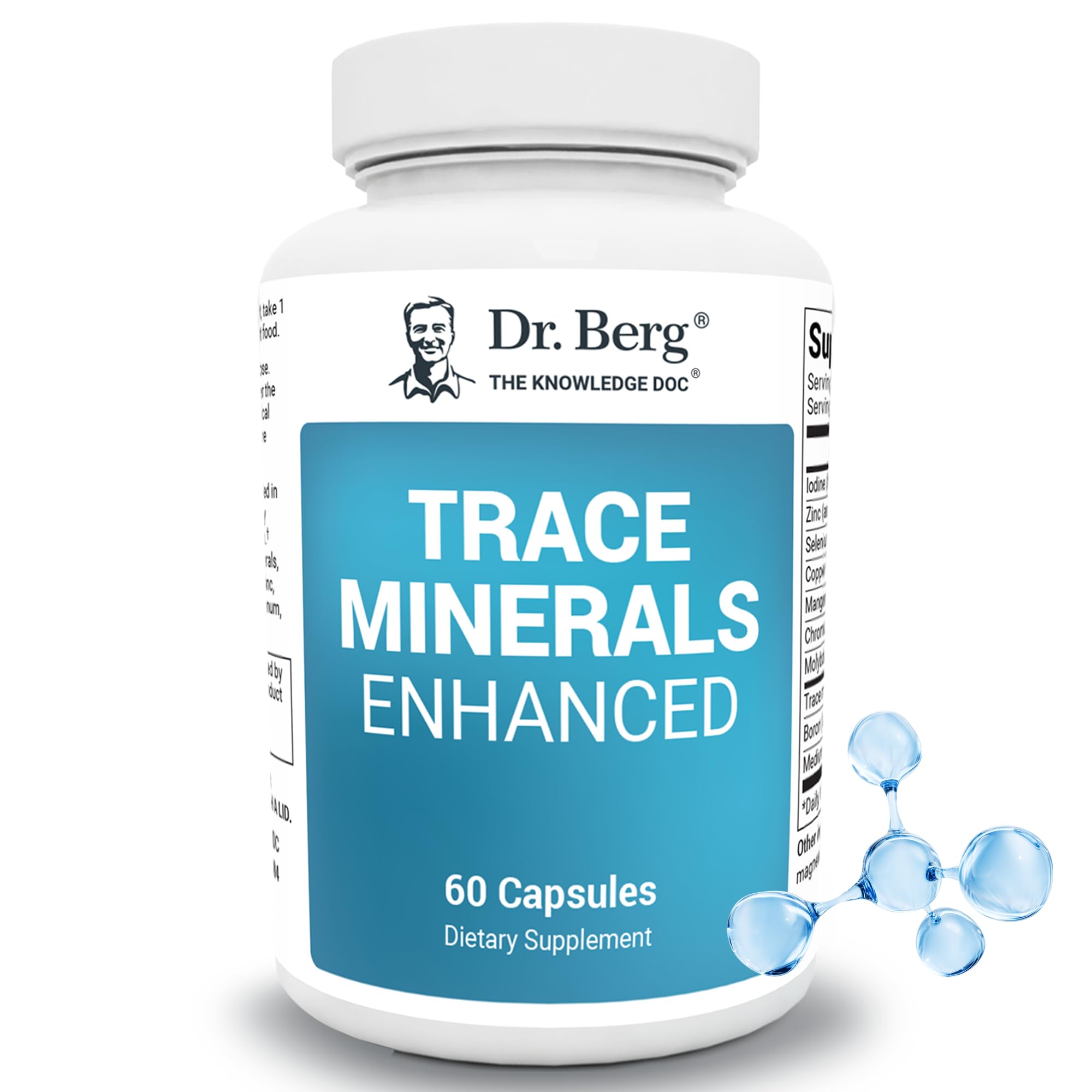 Dr. Berg Trace Minerals Enhanced Complex bottle demonstrates a broad mineral blend for daily support.
