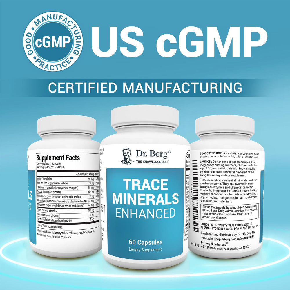 Dr. Berg Trace Minerals label close-up shows ingredients and mineral profile clearly.