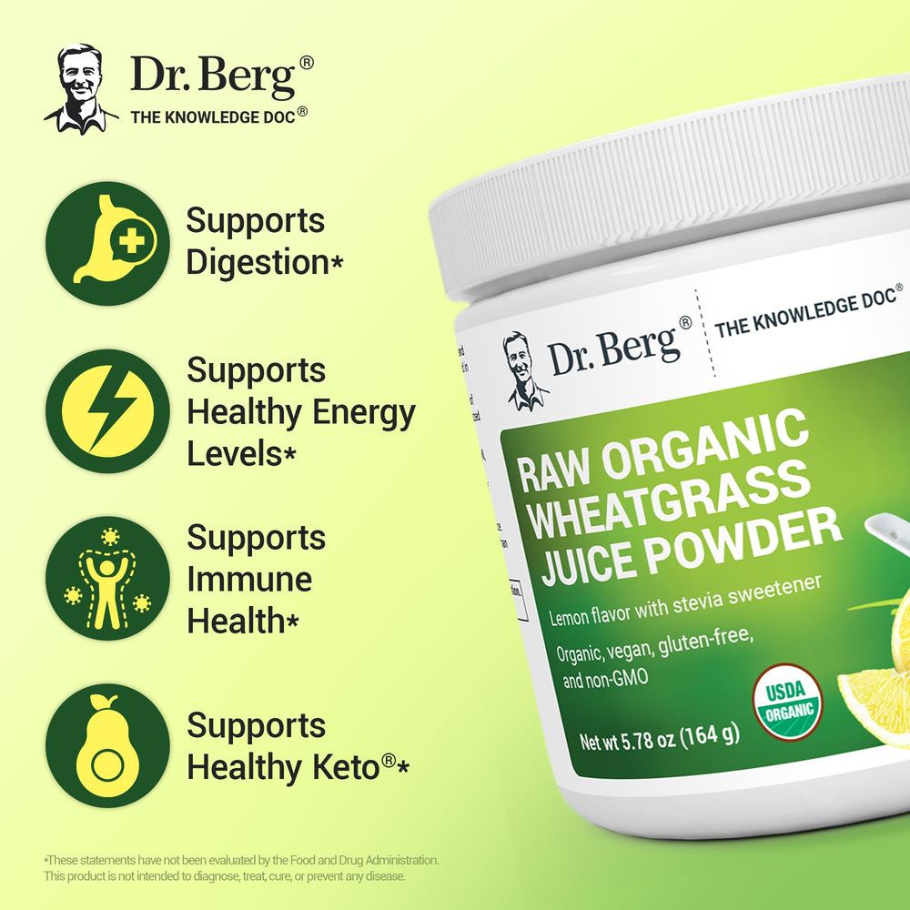 Dr. Berg Green Powder ingredients include wheatgrass and chlorophyll for a nutrient-dense blend.